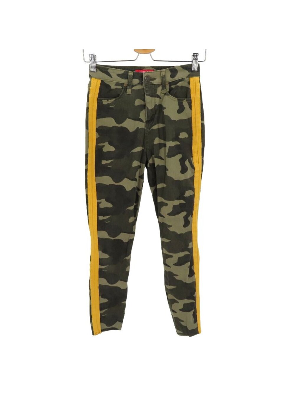 Guess Womens 25 Green Camo Camouflage Yellow Side Stripe Skinny Pants Pockets - Picture 1 of 11